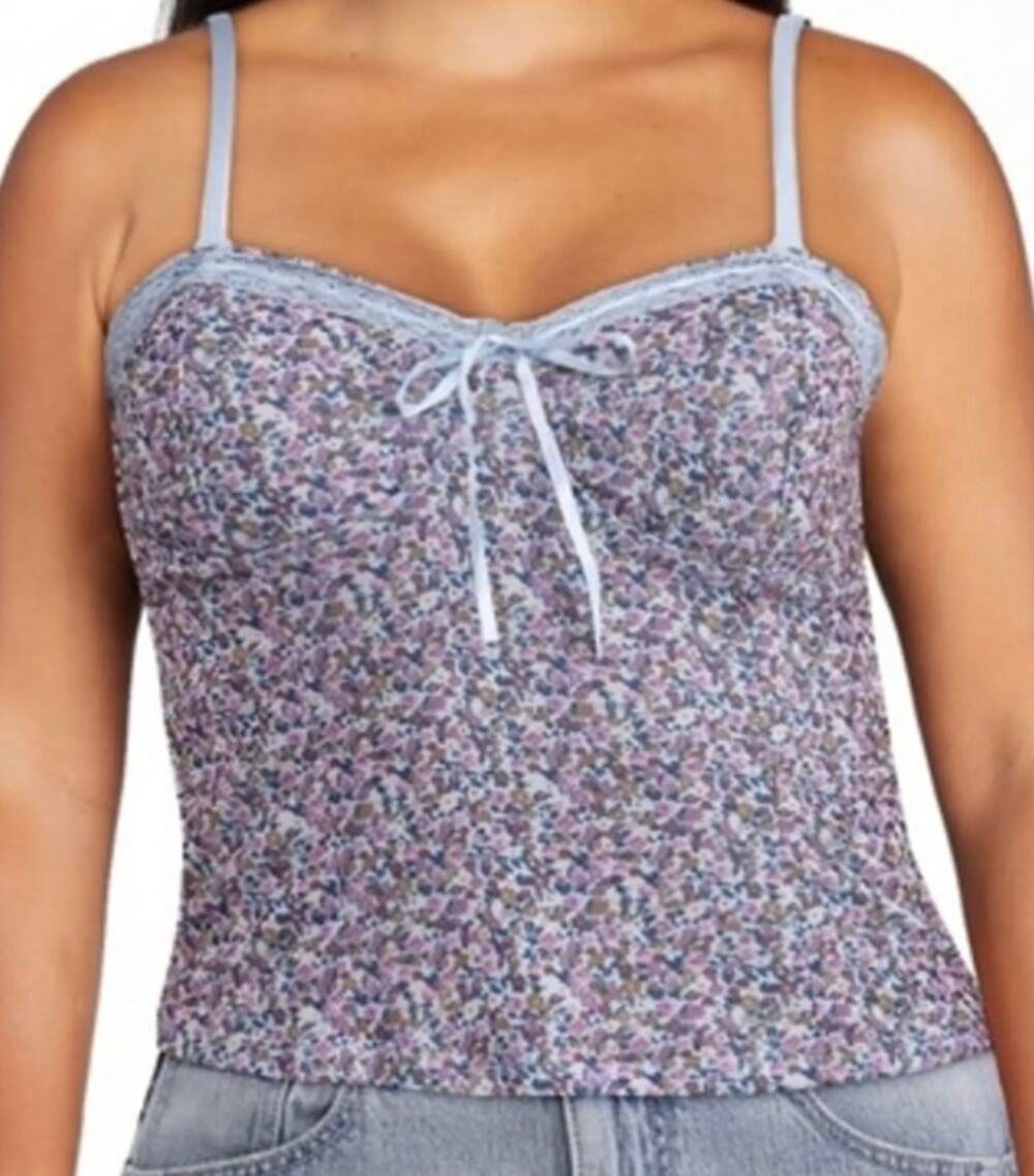 No Boundaries Y2K Floral Babydoll Cami Top Lace Trim bow Adjustable Straps XL